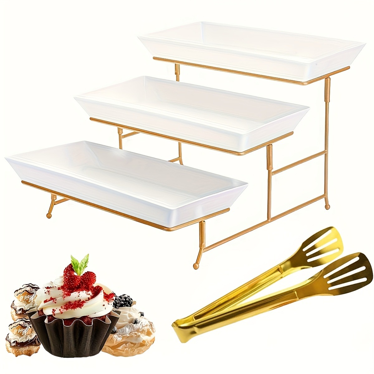 Cupcake Stand Tier - 흰색 다층 서빙 스탠드 + 집게,